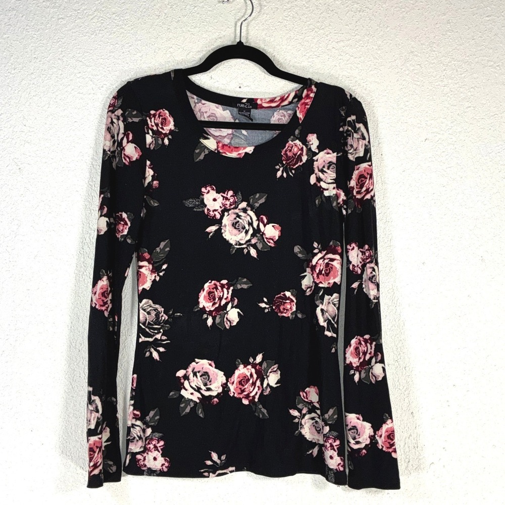 Rue21 Womens Long Sleeve Floral Rose Print Top Black Pink Size M